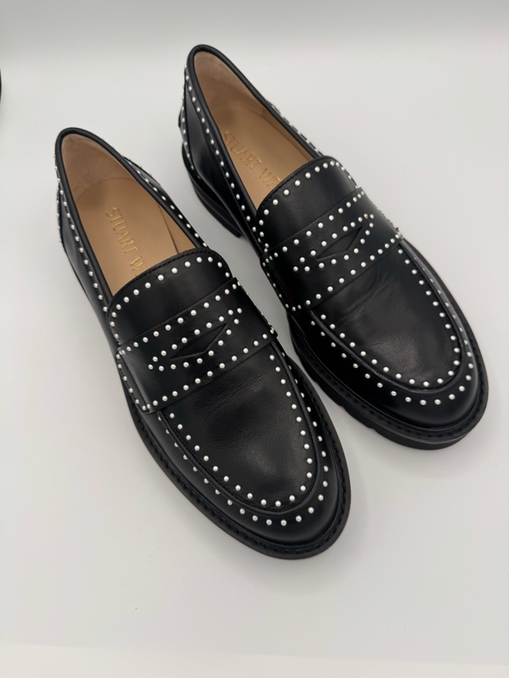 Stuart Weitzman, Women’s size 8.5, Black Leather, faux Pearl Studded Loafers
